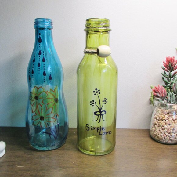 Hand Painted Upcycled Bottles: Blue & Green Folk Art Vases, Set of 2 - Picture 13 of 16